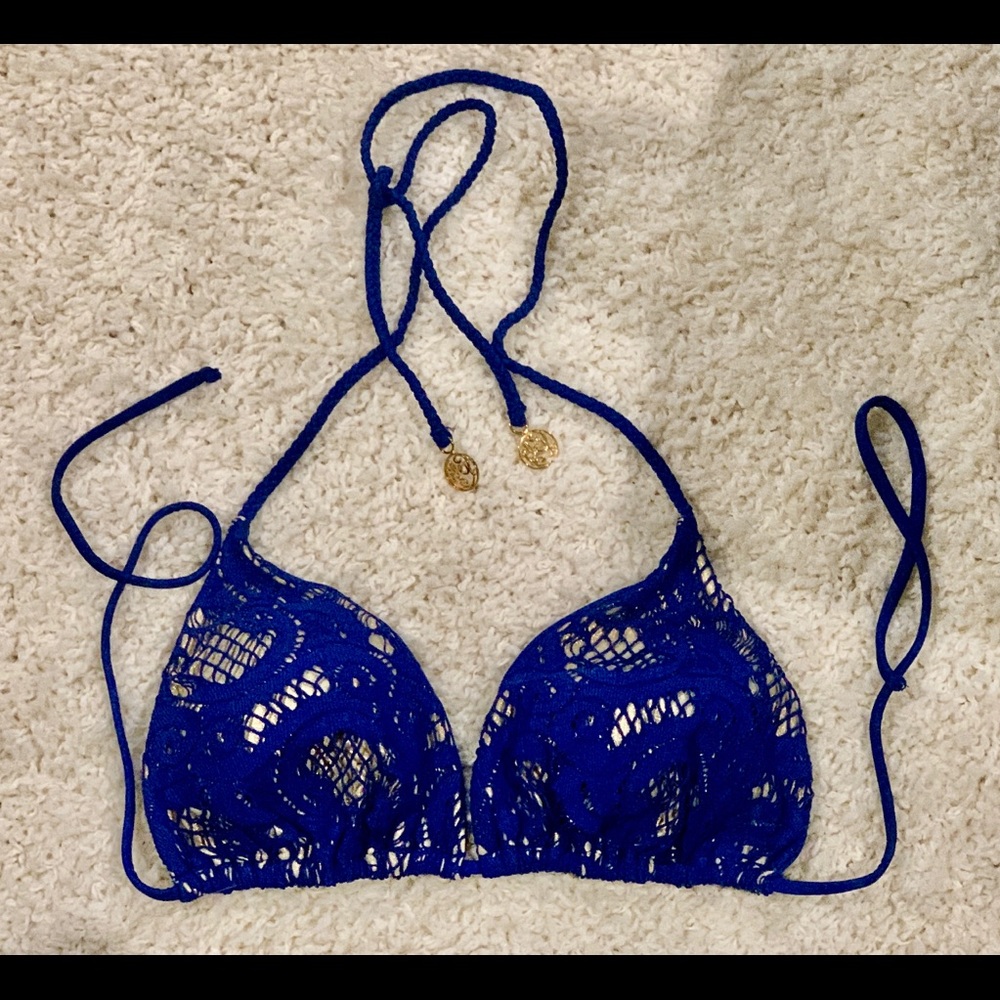 Luli Fama Navy blue crochet & gold bikini swim top